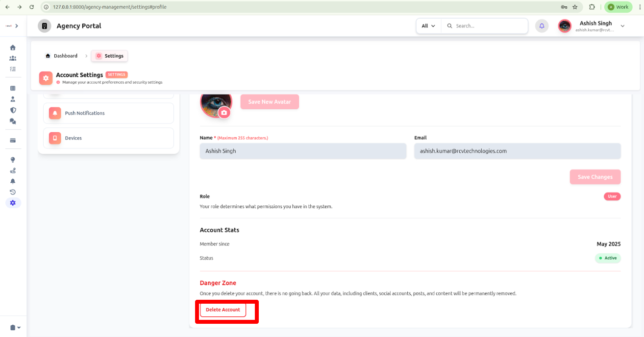 Delete Account option